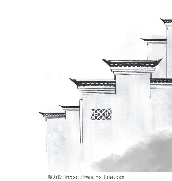 白色江南建筑瓦房庭院围墙PNG素材元素